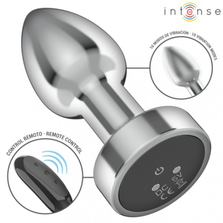 Plug anal vibrador INTENSE talla S de aluminio con control remoto, carga magnética y 10 modos de vibración.